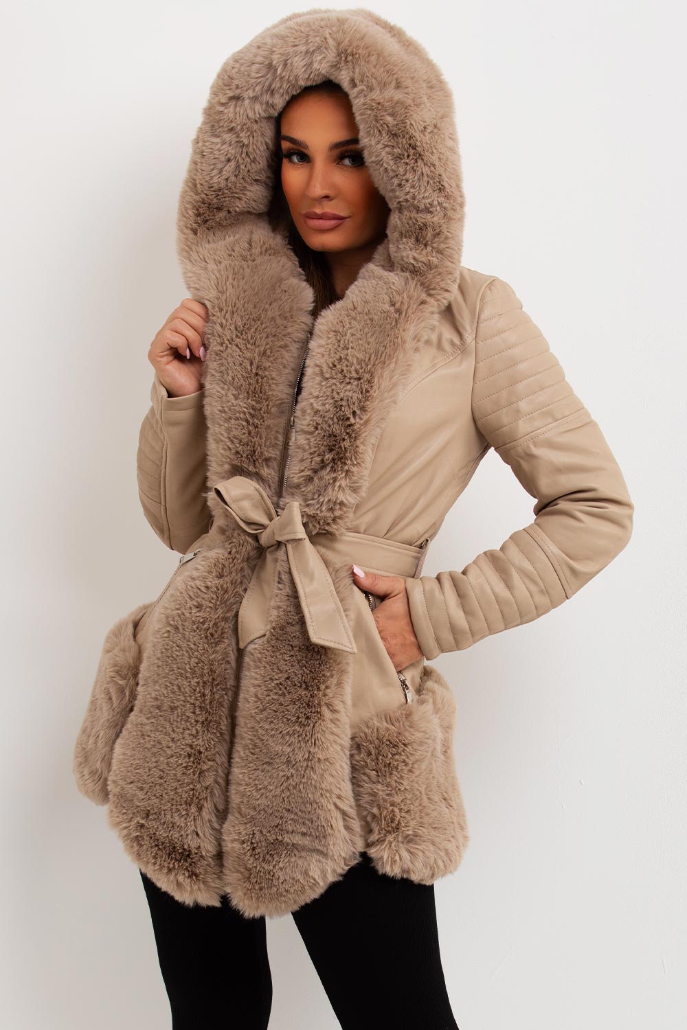 faux leather faux fur hooded jacket womens outerwear uk