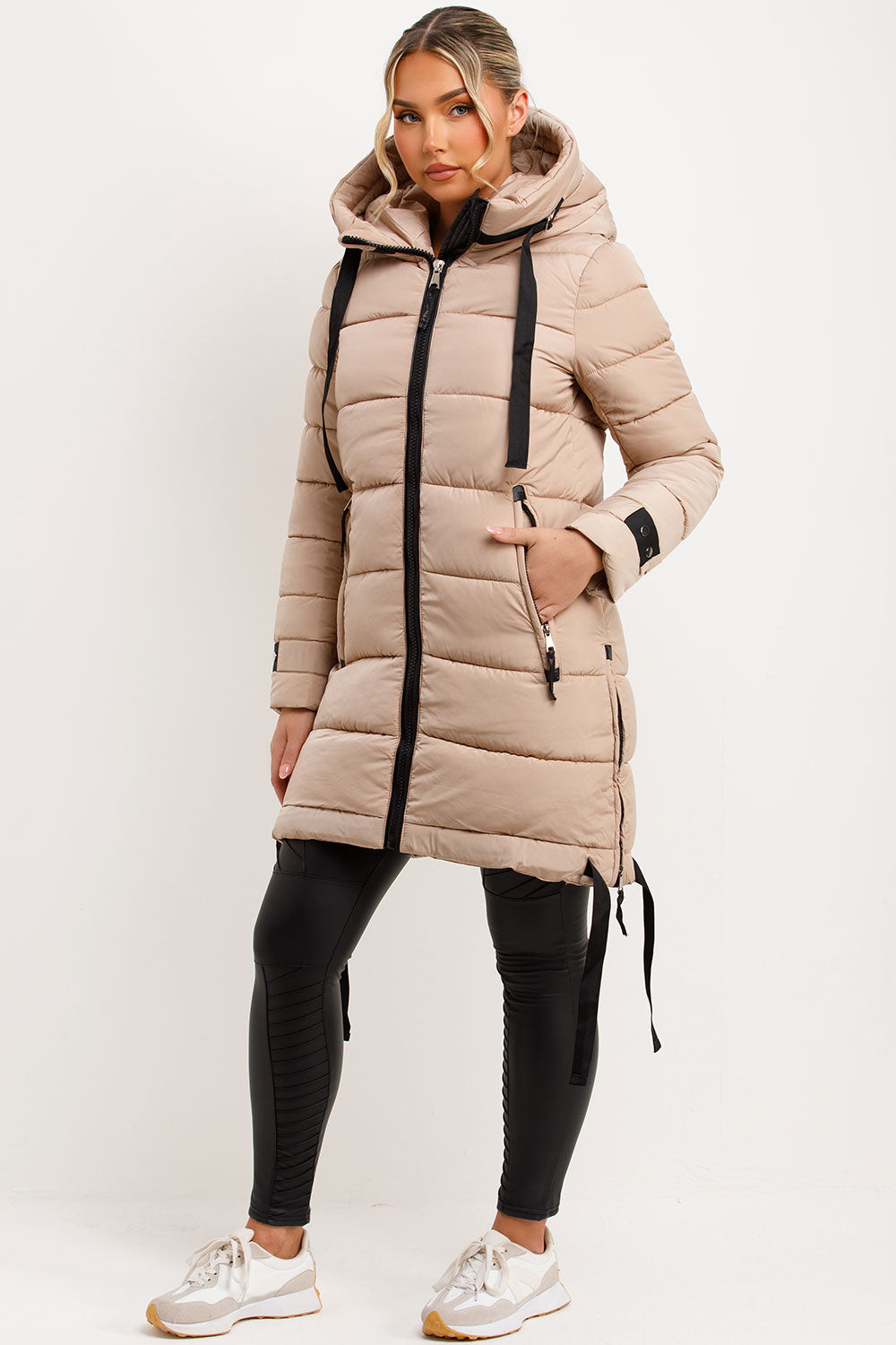 womens long puffer padded coat with hood outerwear