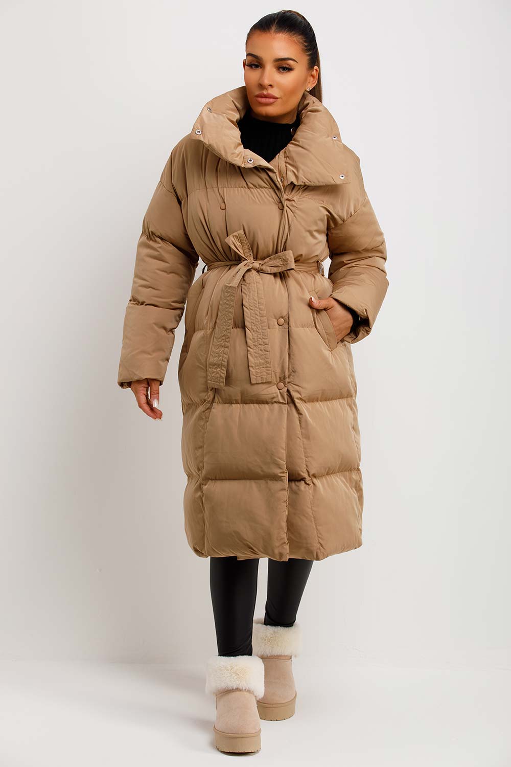 womens beige duvet long puffer coat with belt