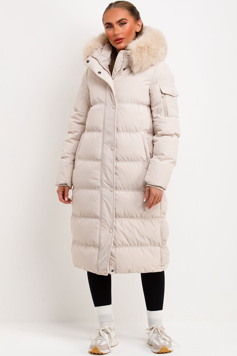 womens beige faux fur hood puffer padded down coat