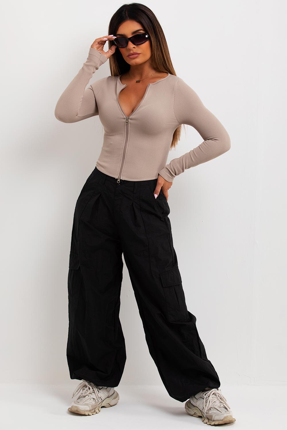 double zip long sleeve rib contour top pretty little things tops sale