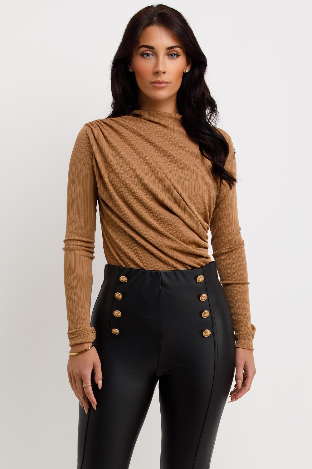 gathered long sleeve bodysuit top