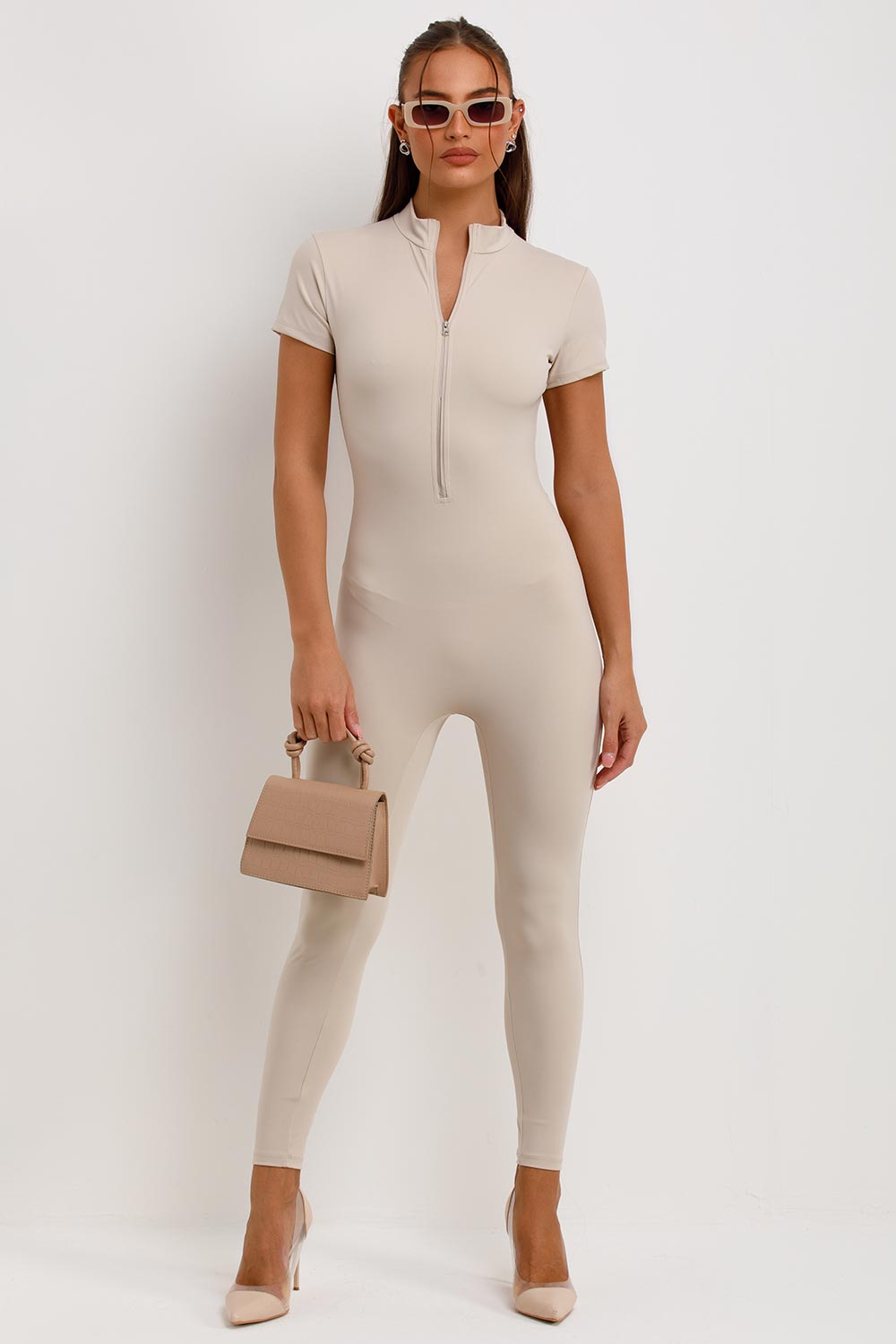 beige zip front short sleeve jumpsuit