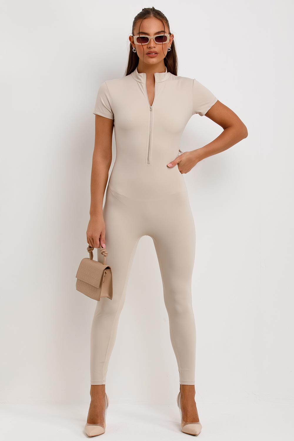 zip front short sleeve jumpsuit