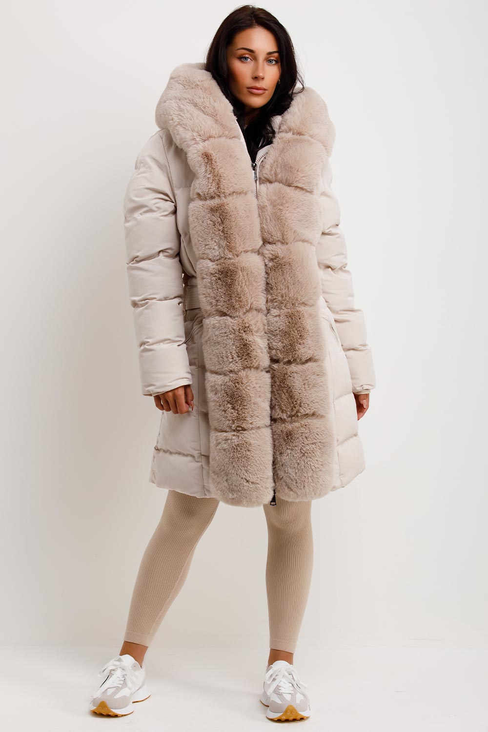 padded puffer hooded coat with faux fur panel