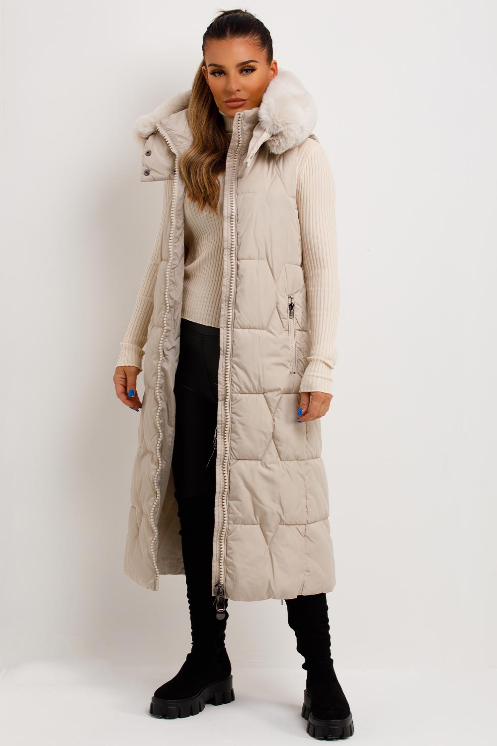 faux fur hood gilet longline