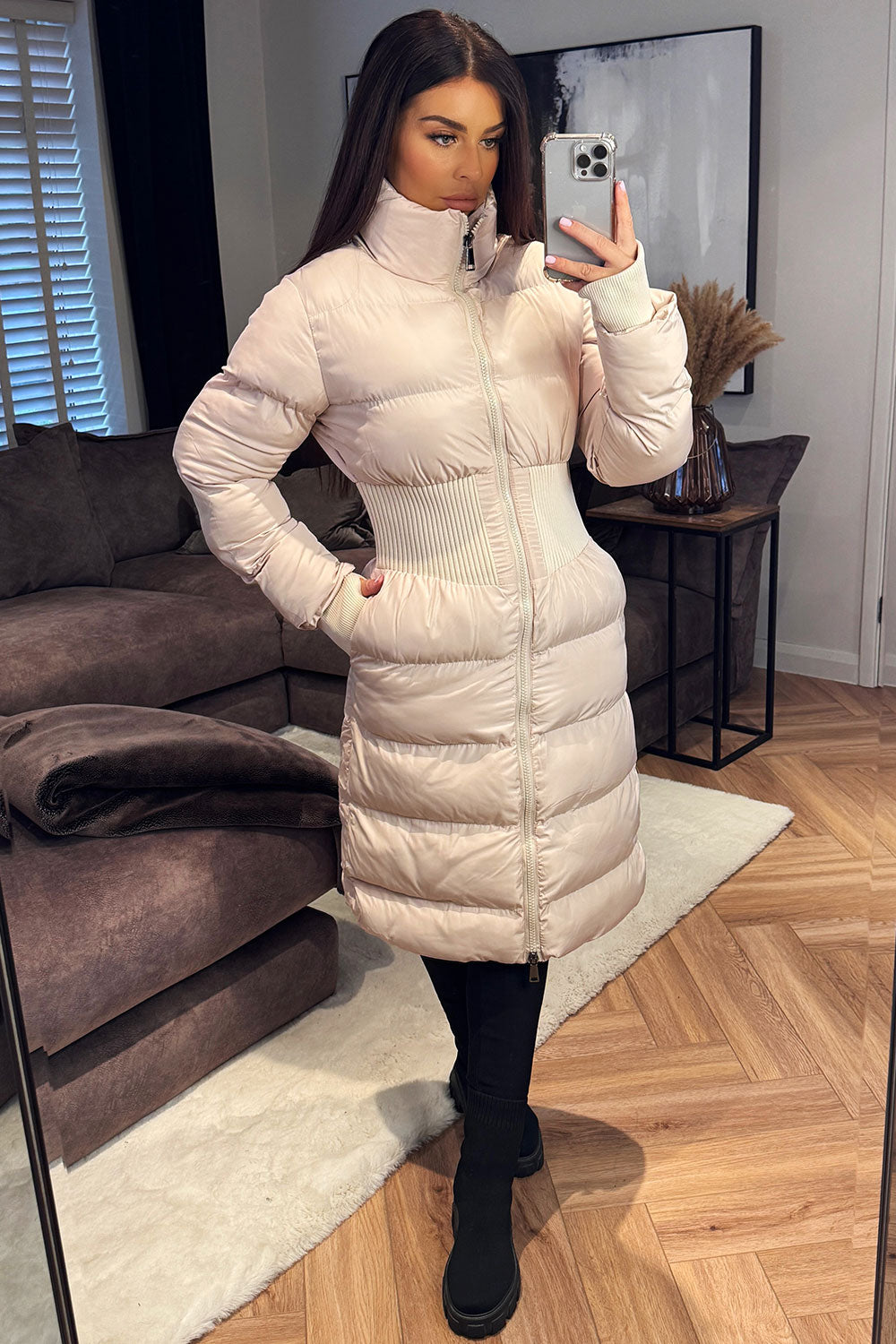 womens long puffer padded winter coat with contour ribbed shape