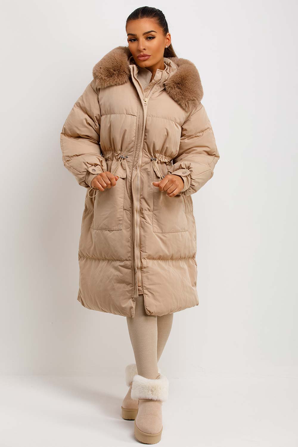 womens long padded puffer coat with fur hood