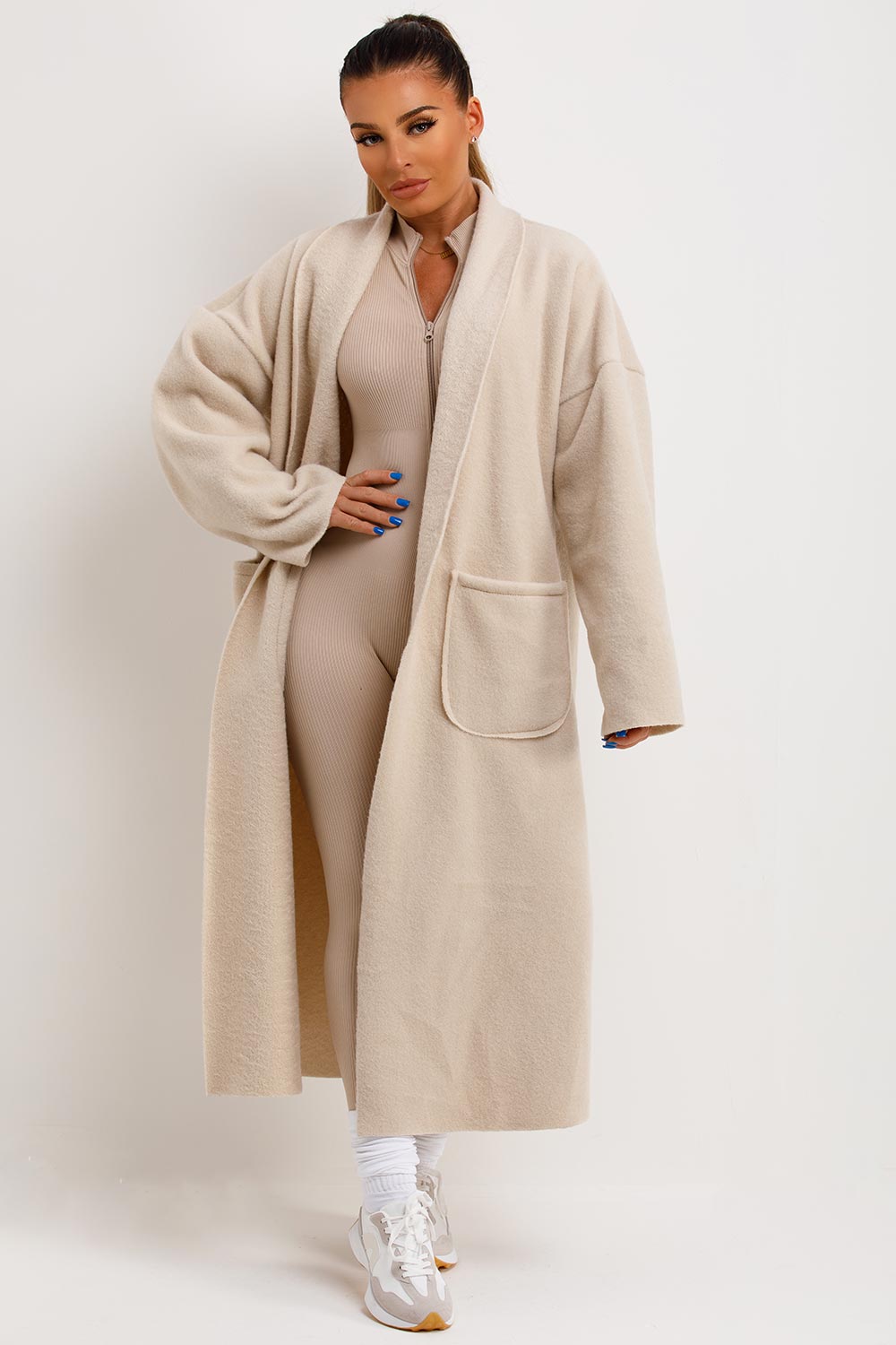 womens longline waterfall coat beige