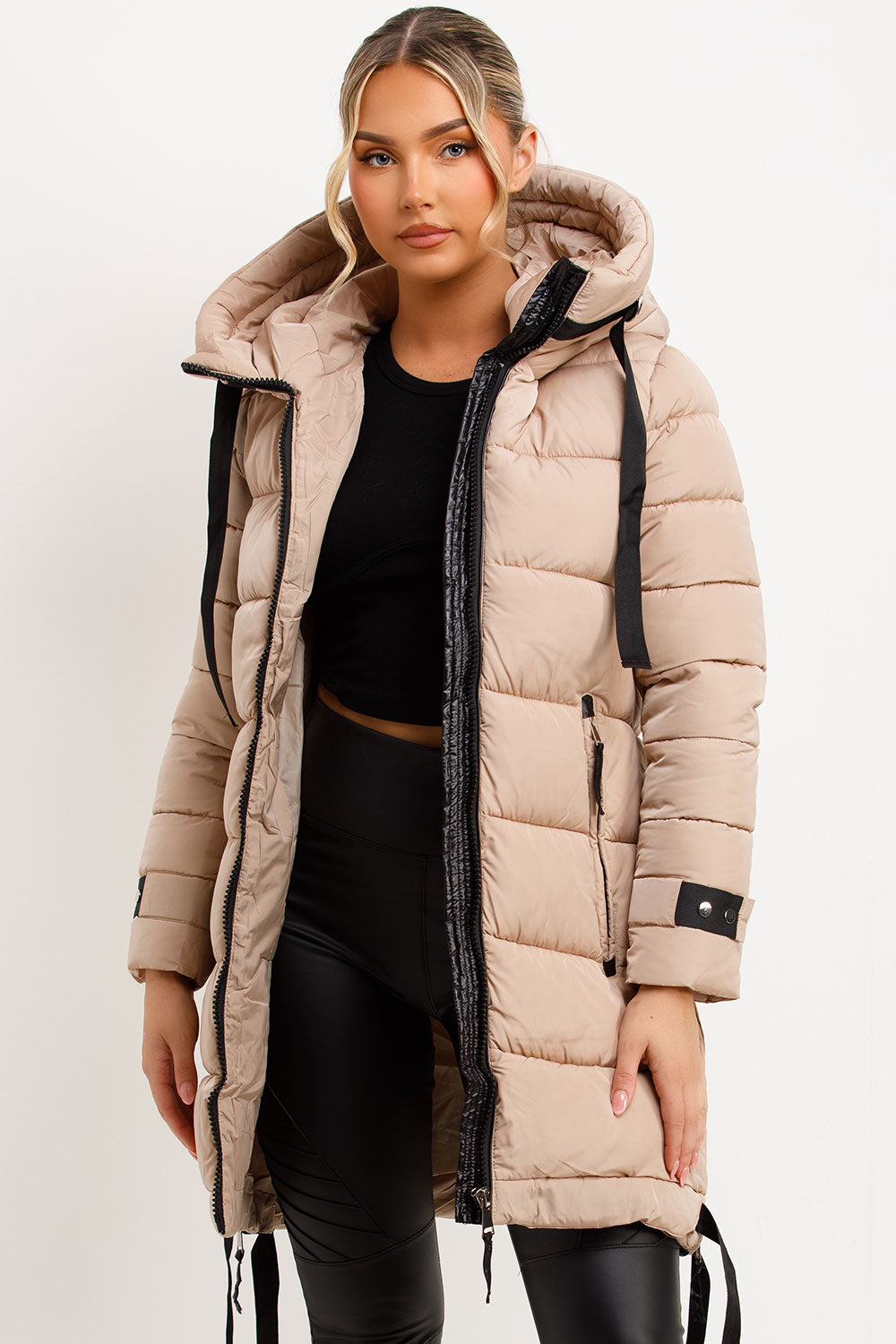 womens long padded puffer coat with hood for winter styledup