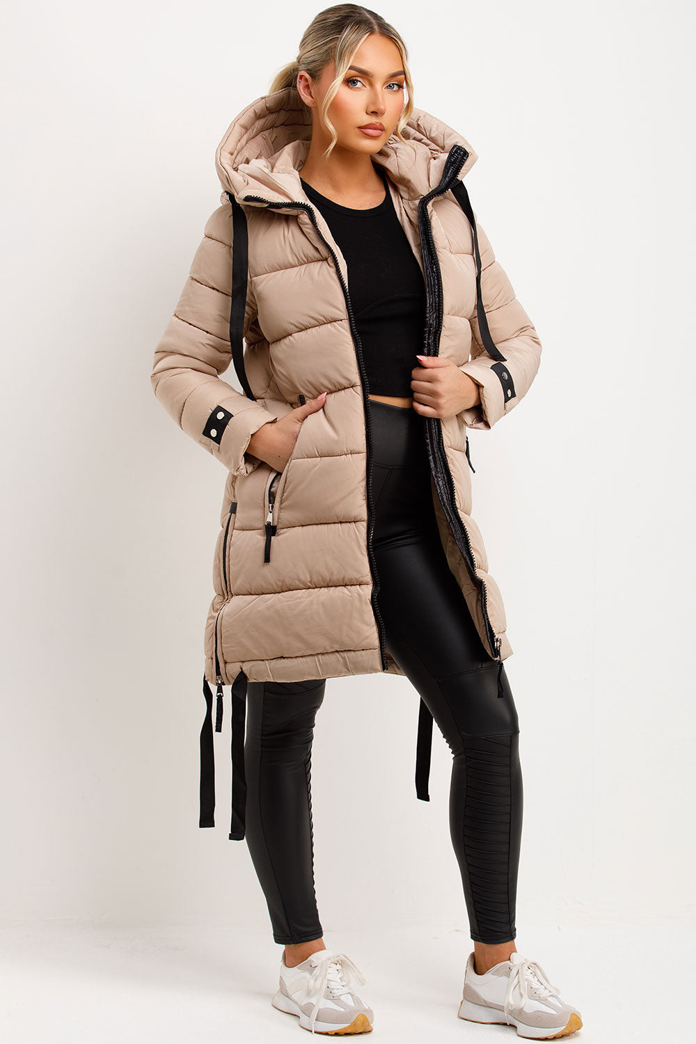 womens long puffer padded hooded coat with side straps outerwear
