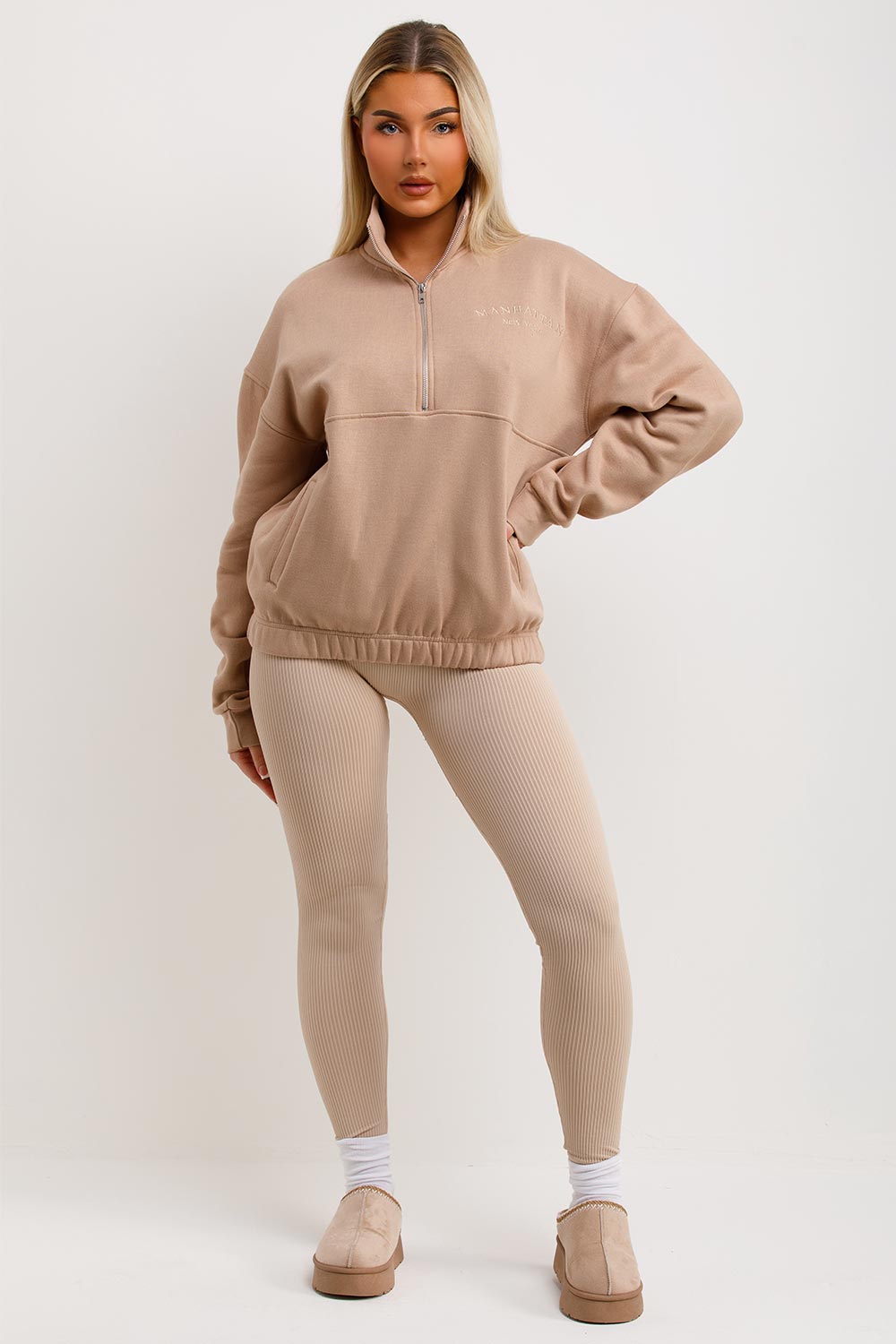 womens oversized sweatshirt with half zip manhattan embroidery