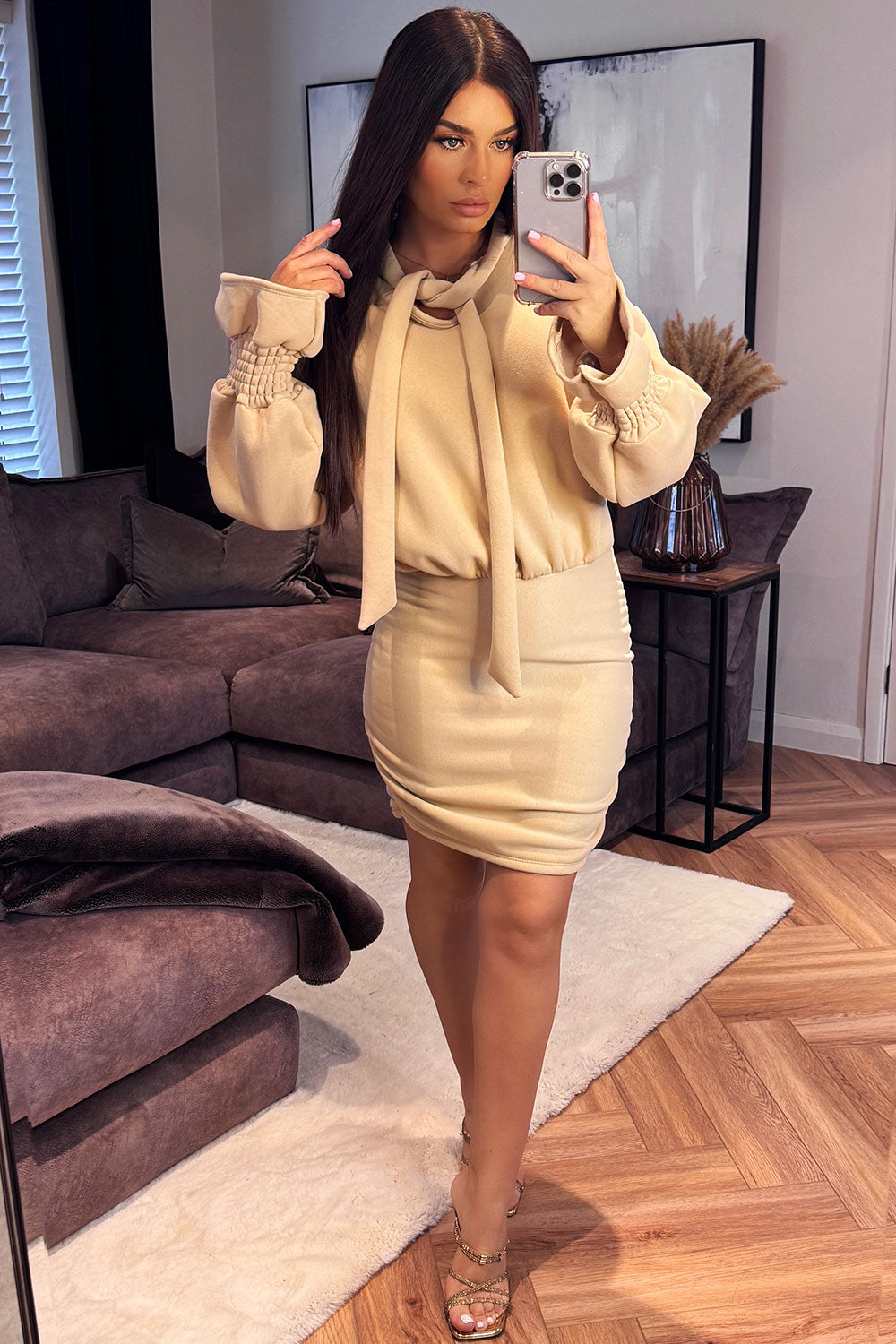 ruffle quilted cuff long sleeve jumper dress