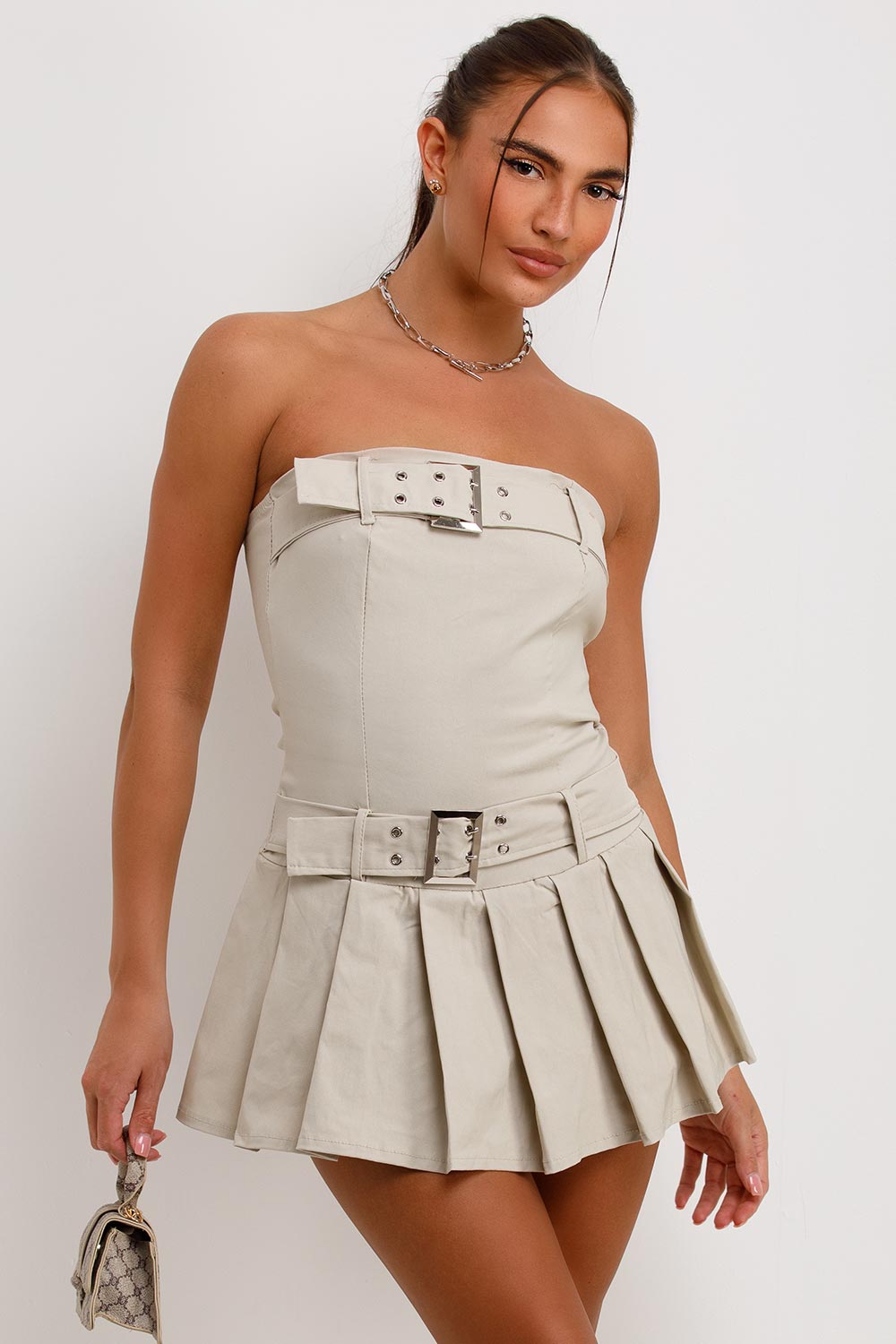 skort dress with off shoulder neckline and belt buckle going out summer festival rave outfit