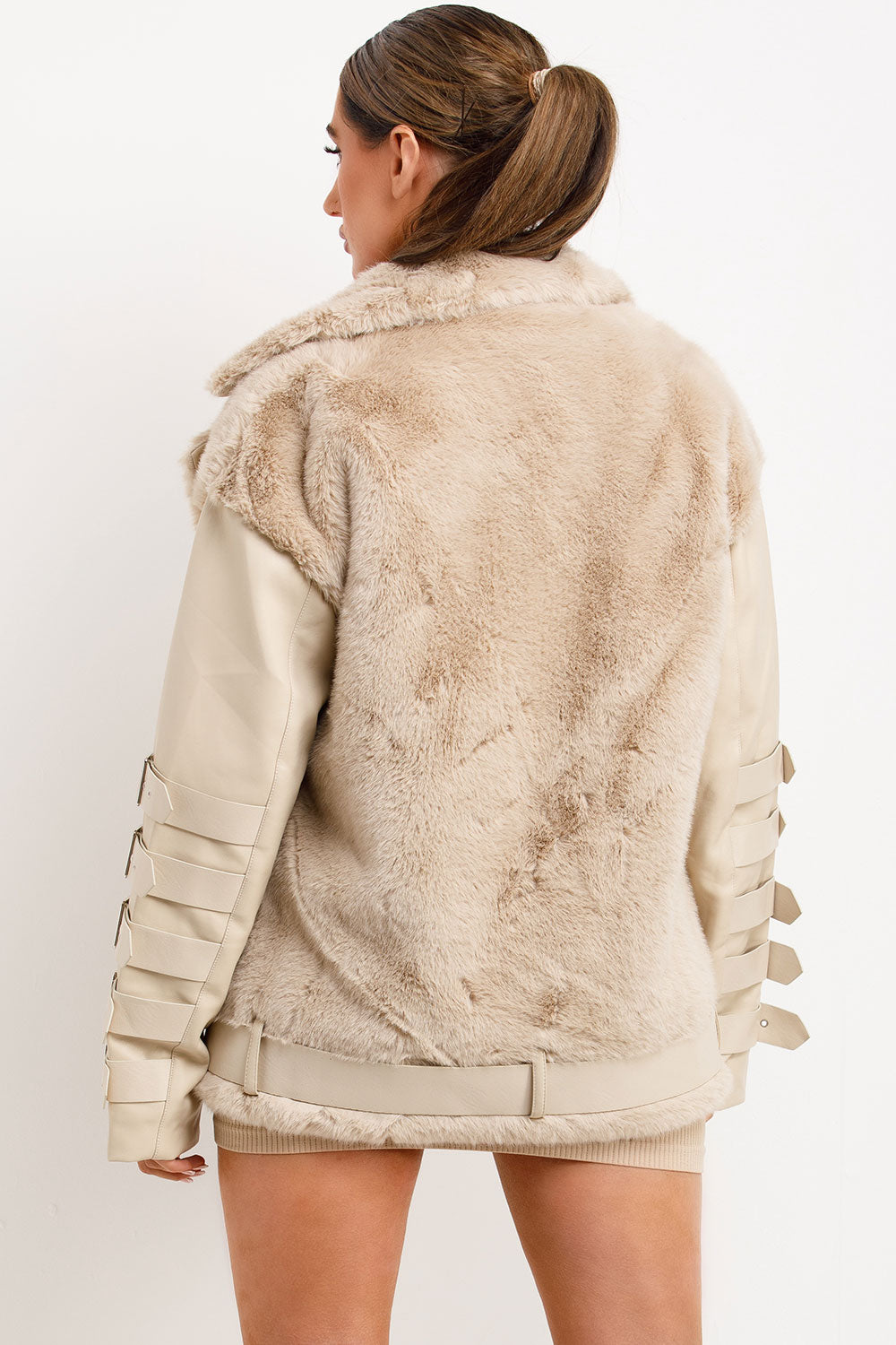 faux leather faux fur aviator jacket with belts and buckle detail on sleeves styledup