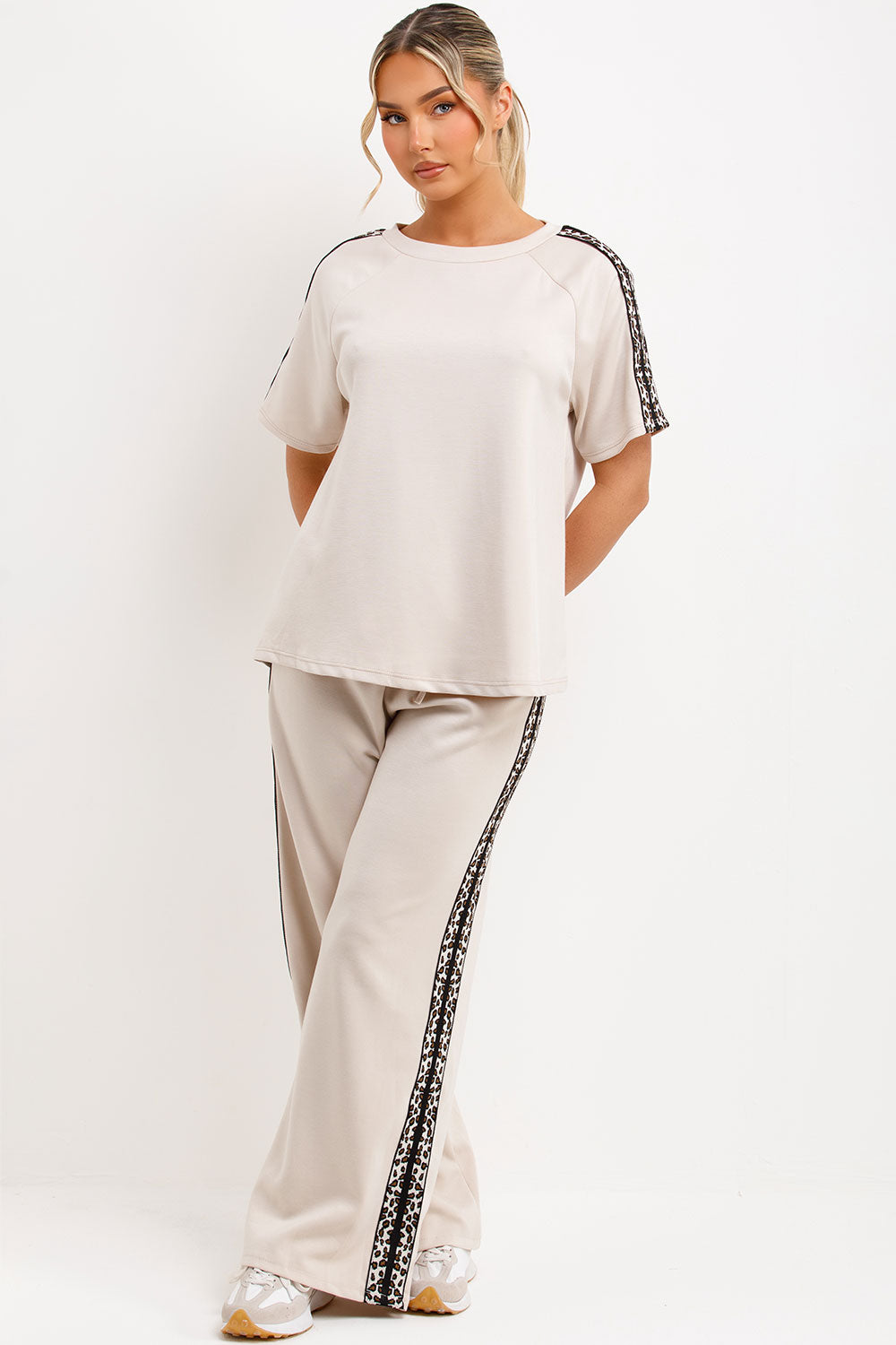 leopard print side stripe wide leg trousers and top co ord set