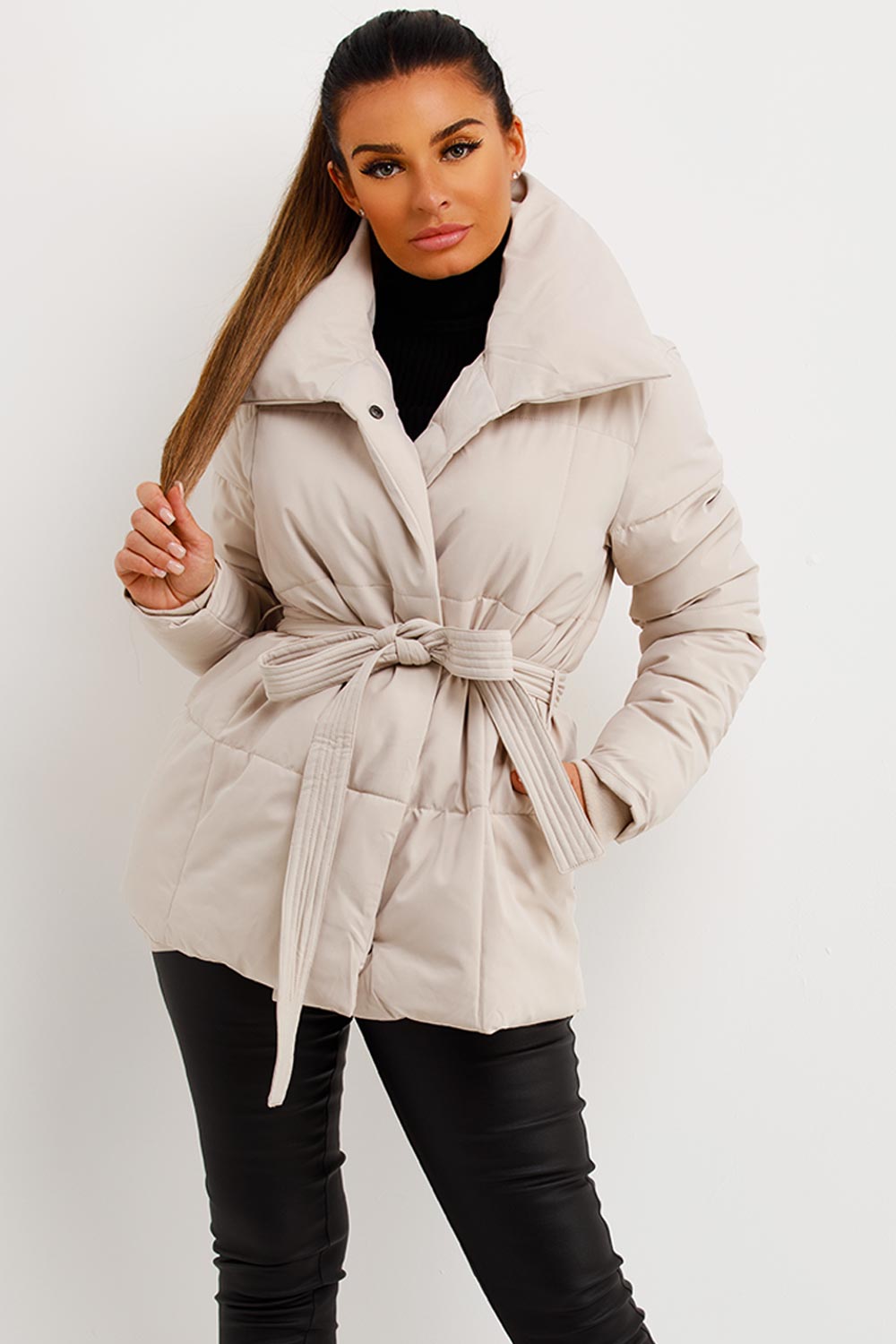 womens short padded puffer duvet jacket with belt