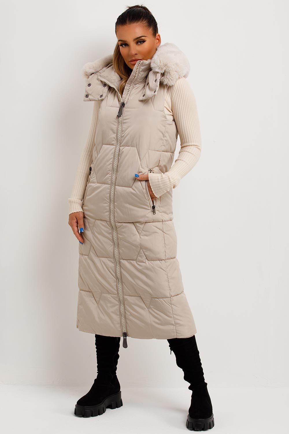 womens puffer gilet with faux fur hood sale uk