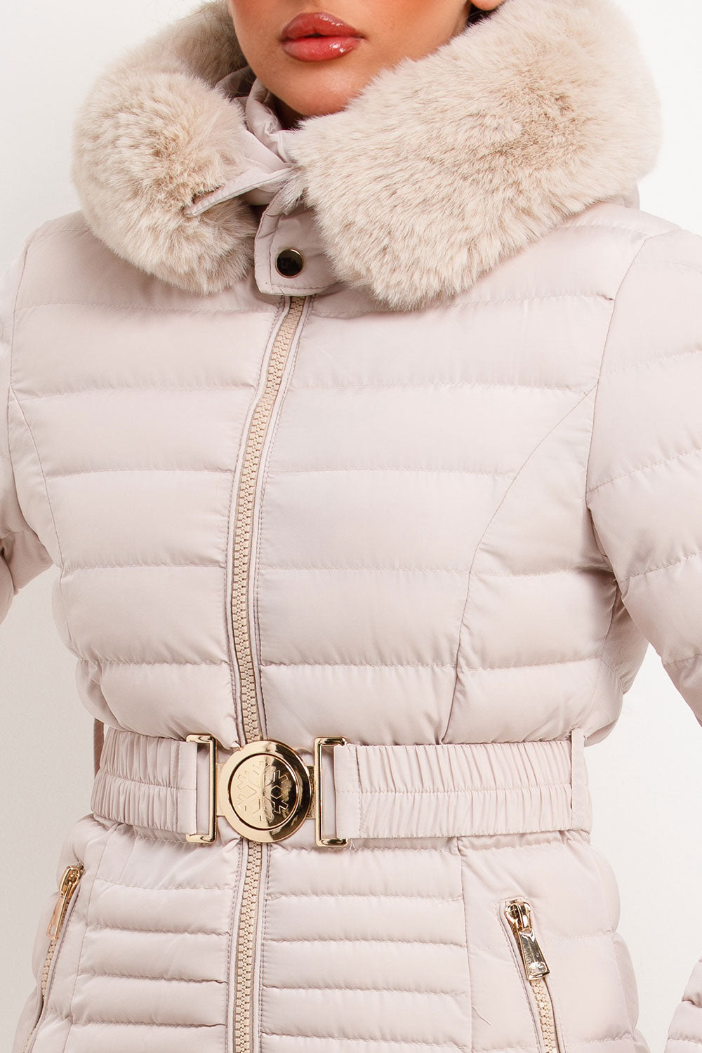 womens puffer padded jacket with gold belt