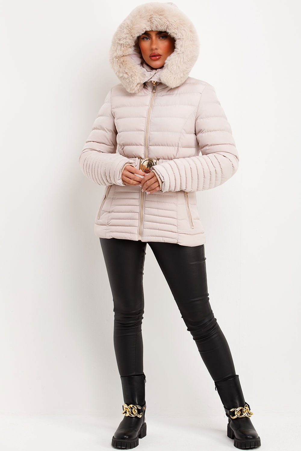 faux fur hood padded puffer coat with belt