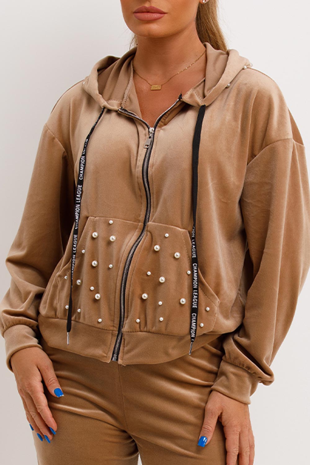 pearls velour hooded tracksuit beige