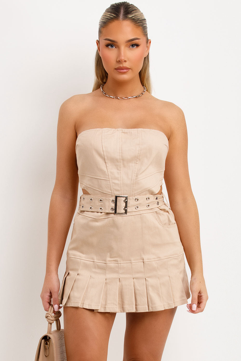 bandeau corset crop top and pleated mini skirt co ord set beige