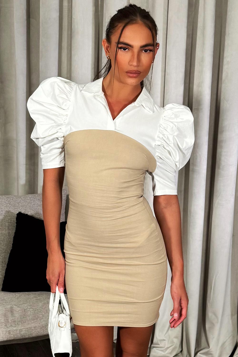 puff shoulder short bodycon occasion dress beige