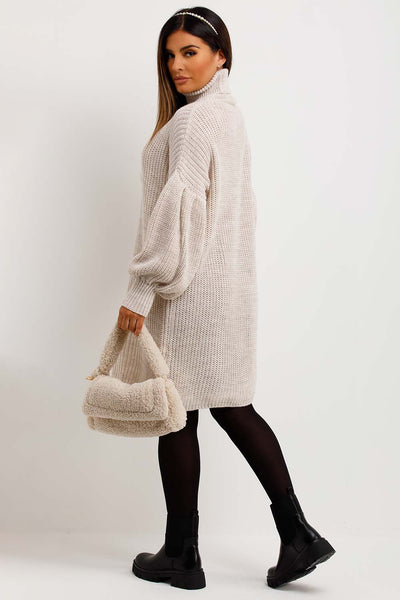 Eva Beige Dress with Puff Sleeves