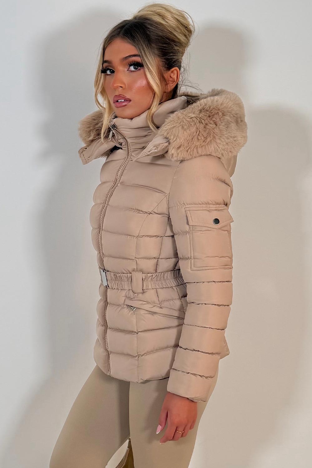 faux fur hood padded puffer jacket for womens winter outerwear styledup uk