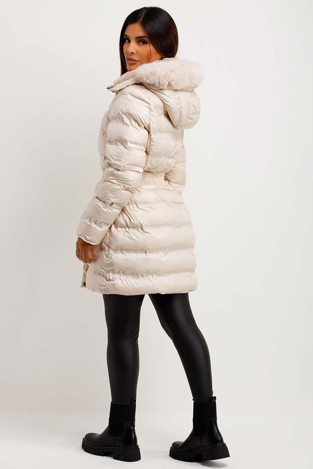 womens padded puffer coat with belt and fur hood