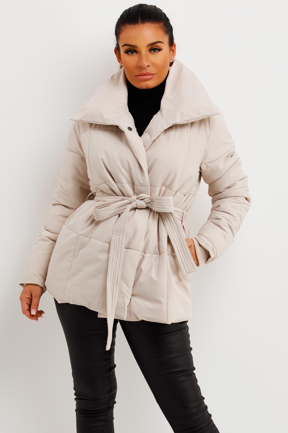 beige duvet jacket with belt womens