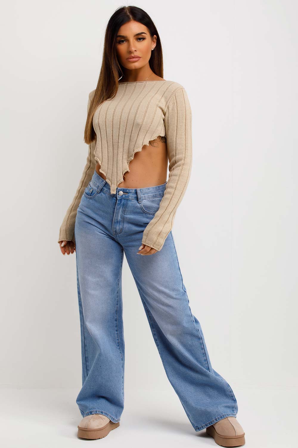 womens crop knitted jumper with long sleeves