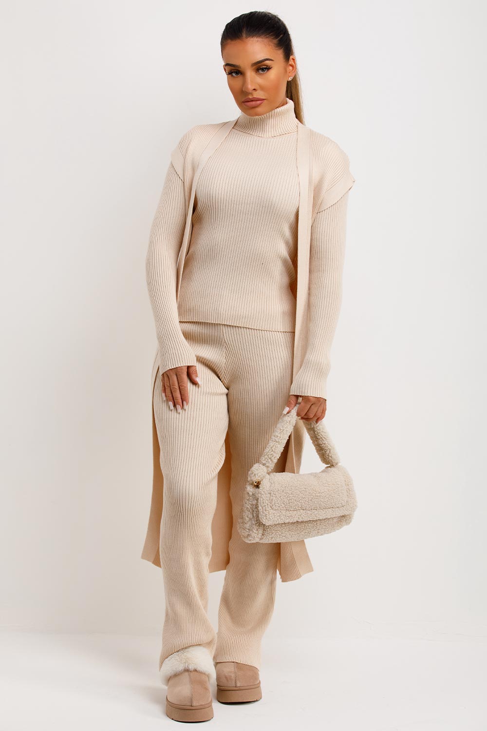 roll neck knitted loungewear set beige