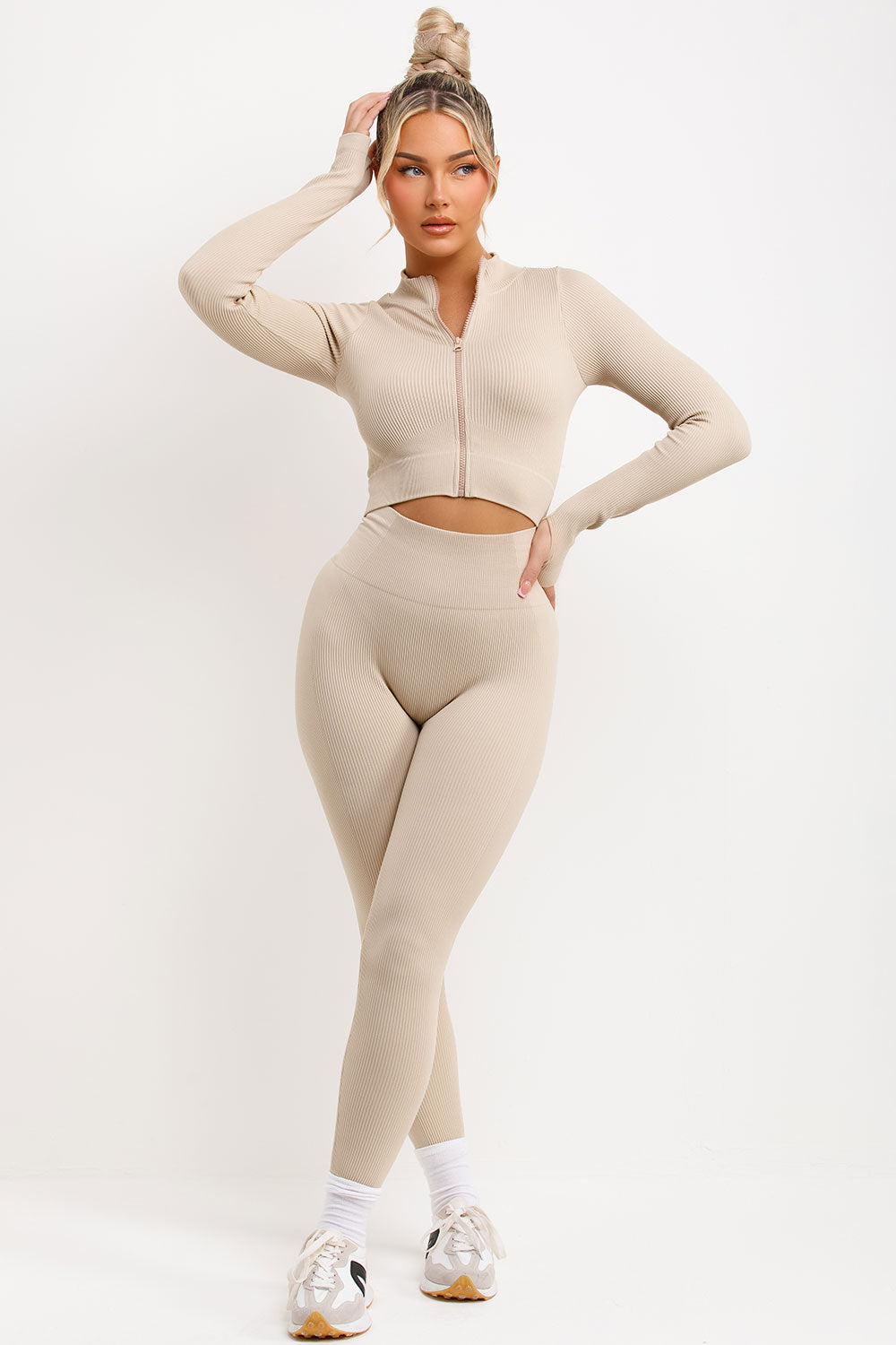 womens high waist ribbed ruched bum leggings and zip up long sleeve activewear jacket two piece set structured body contour