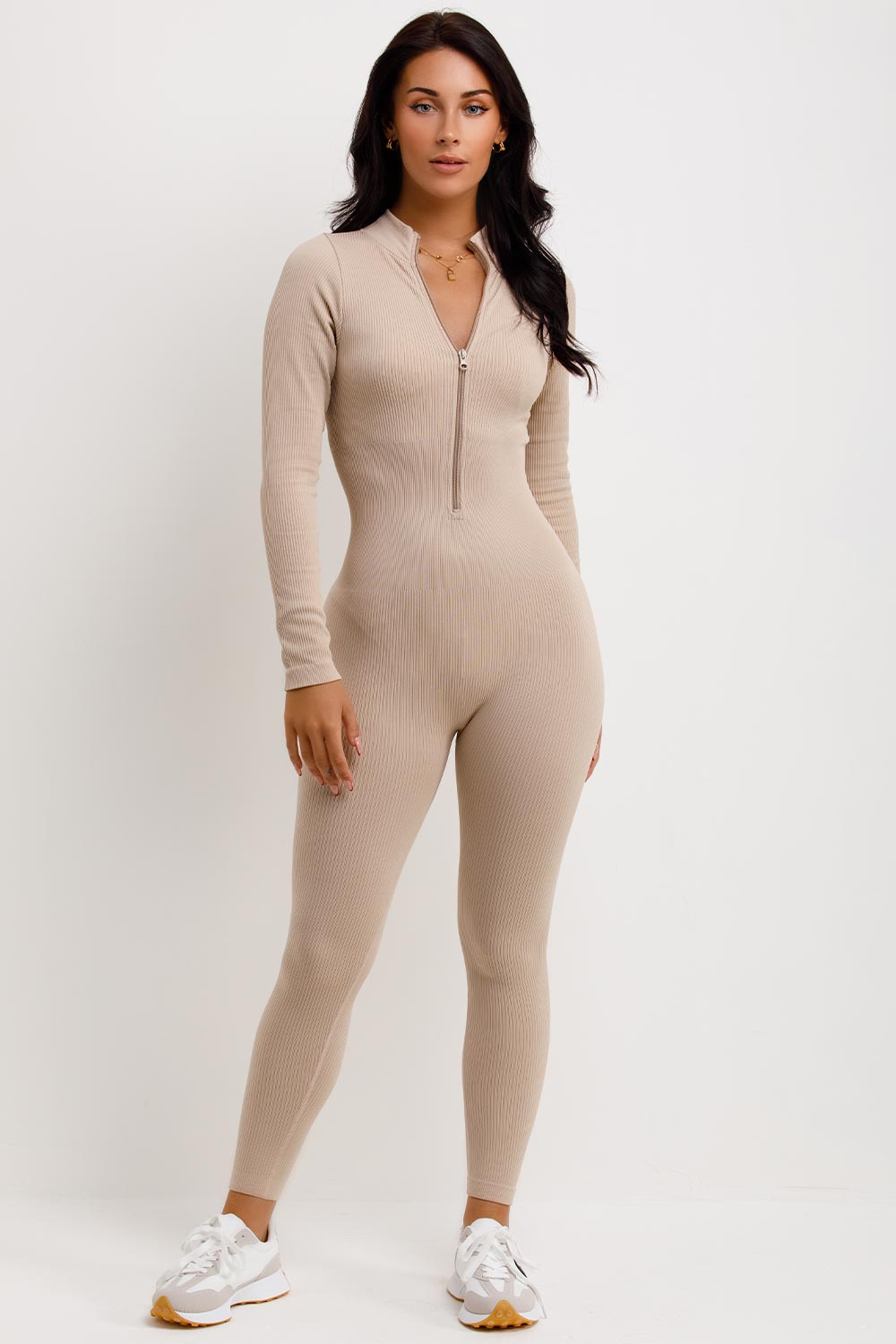 ribbed zip front long sleeve jumpsuit unitard beige 2023 fashion