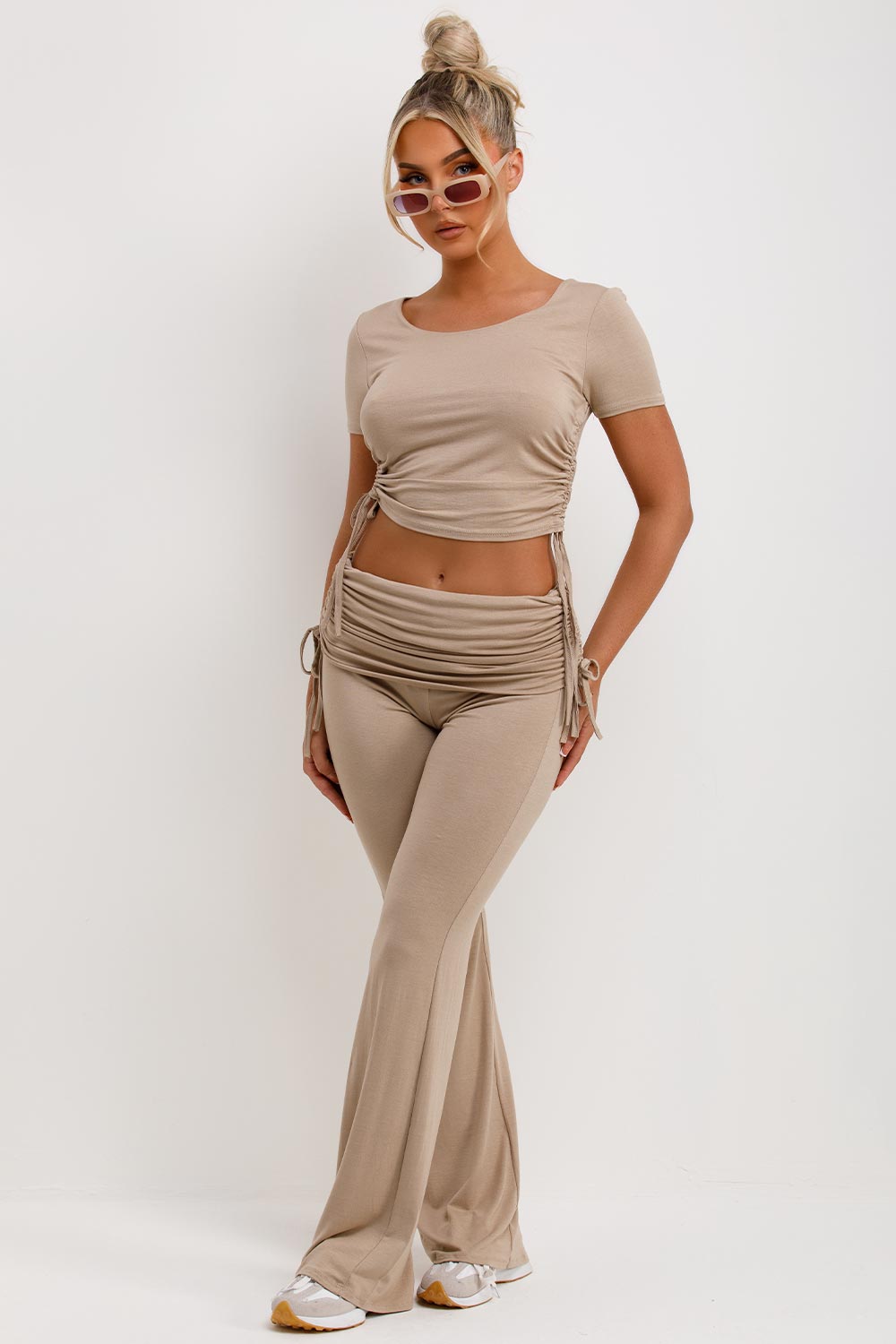 ruched side fold over flare trousers and top co ord set airport outfit