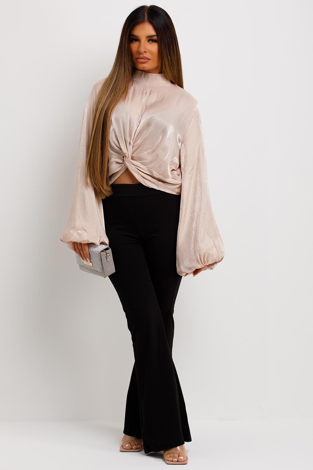 womens satin long sleeve going out blouse with twist front