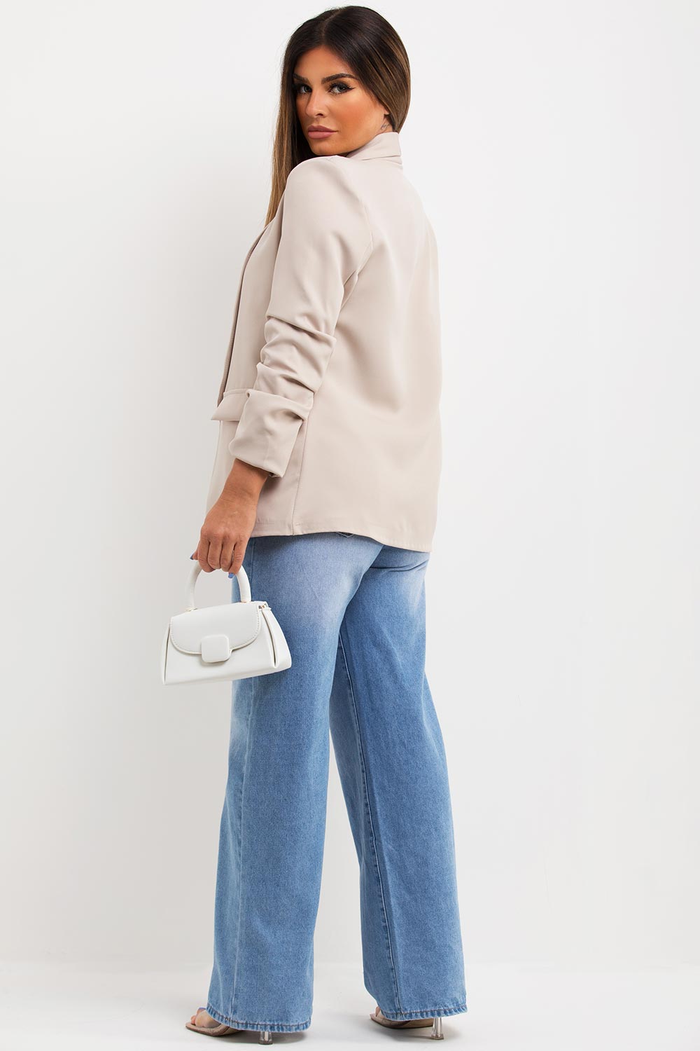 womens ruched sleeve blazer jacket