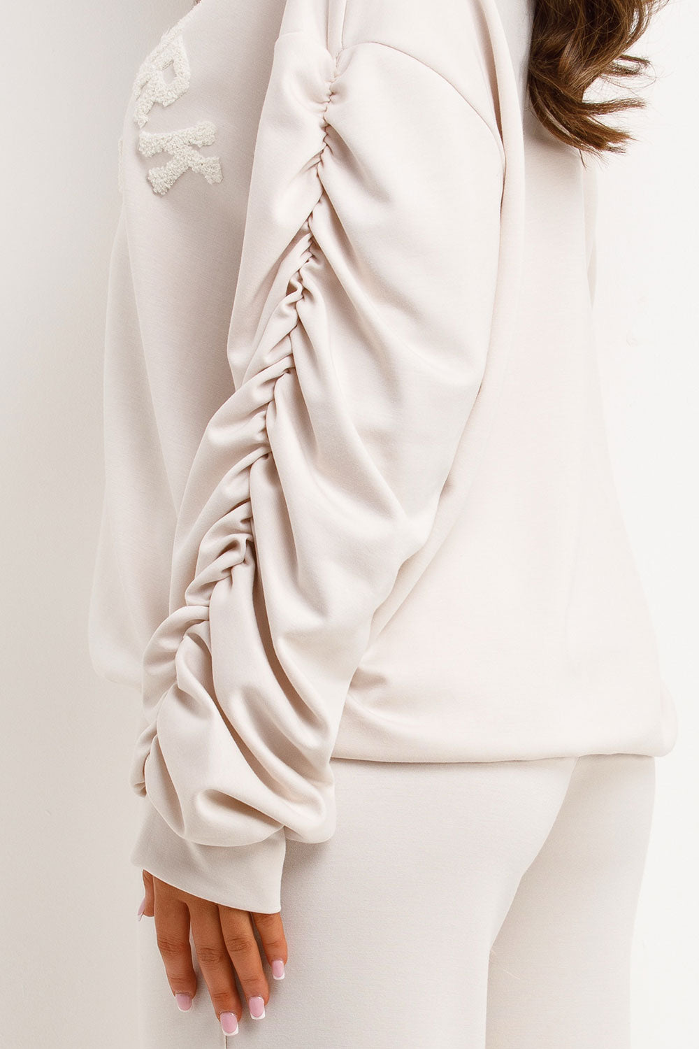 trousers and ruched sleeve sweatshirt top loungewear set oatmeal for womens