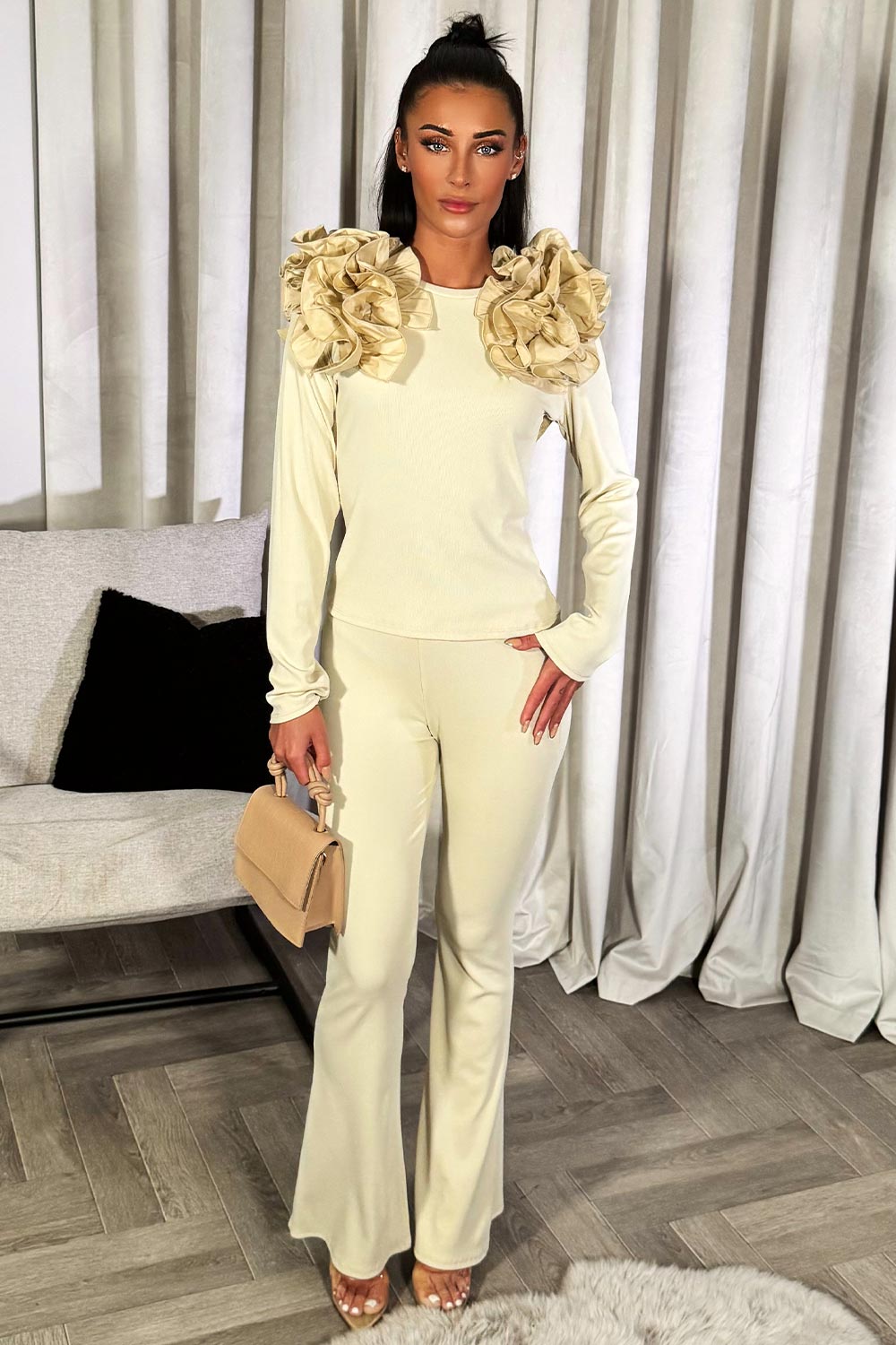 womens ruffle frill shoulder top and trousers set going out outfit