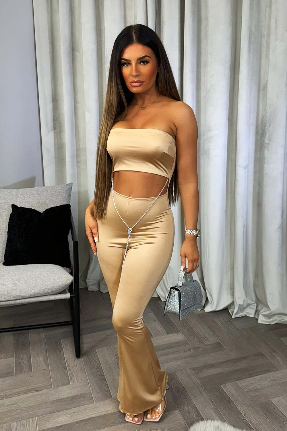 satin jumpsuit with cut out detail in diamante trim