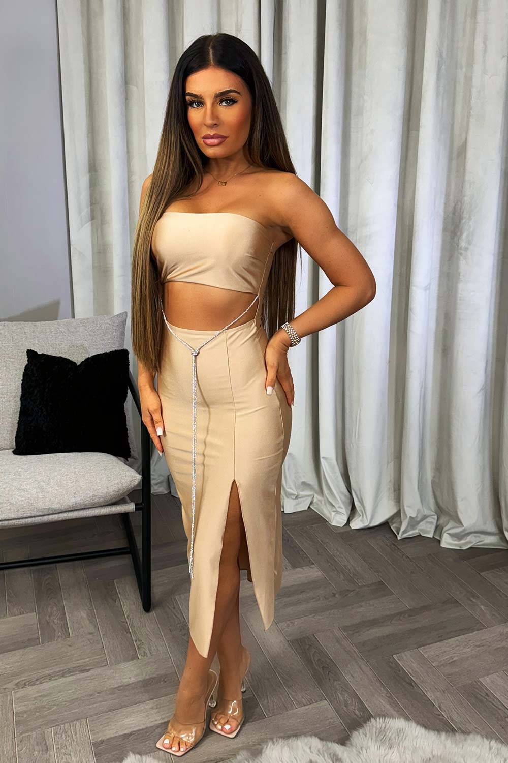 womens going out satin dress with diamante chain