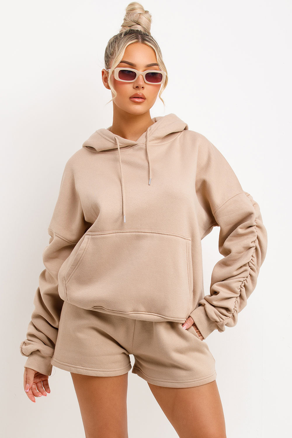 womens ruched sleeve hoodie and shorts tracksuit lounge set airport outfit