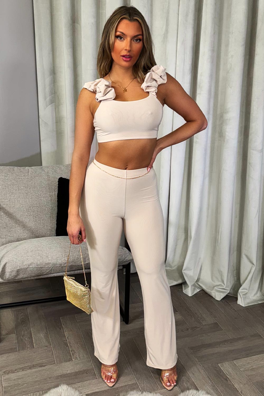 womens ruched gathered detail sleeveless top and straight leg trousers two piece set going out party outfit