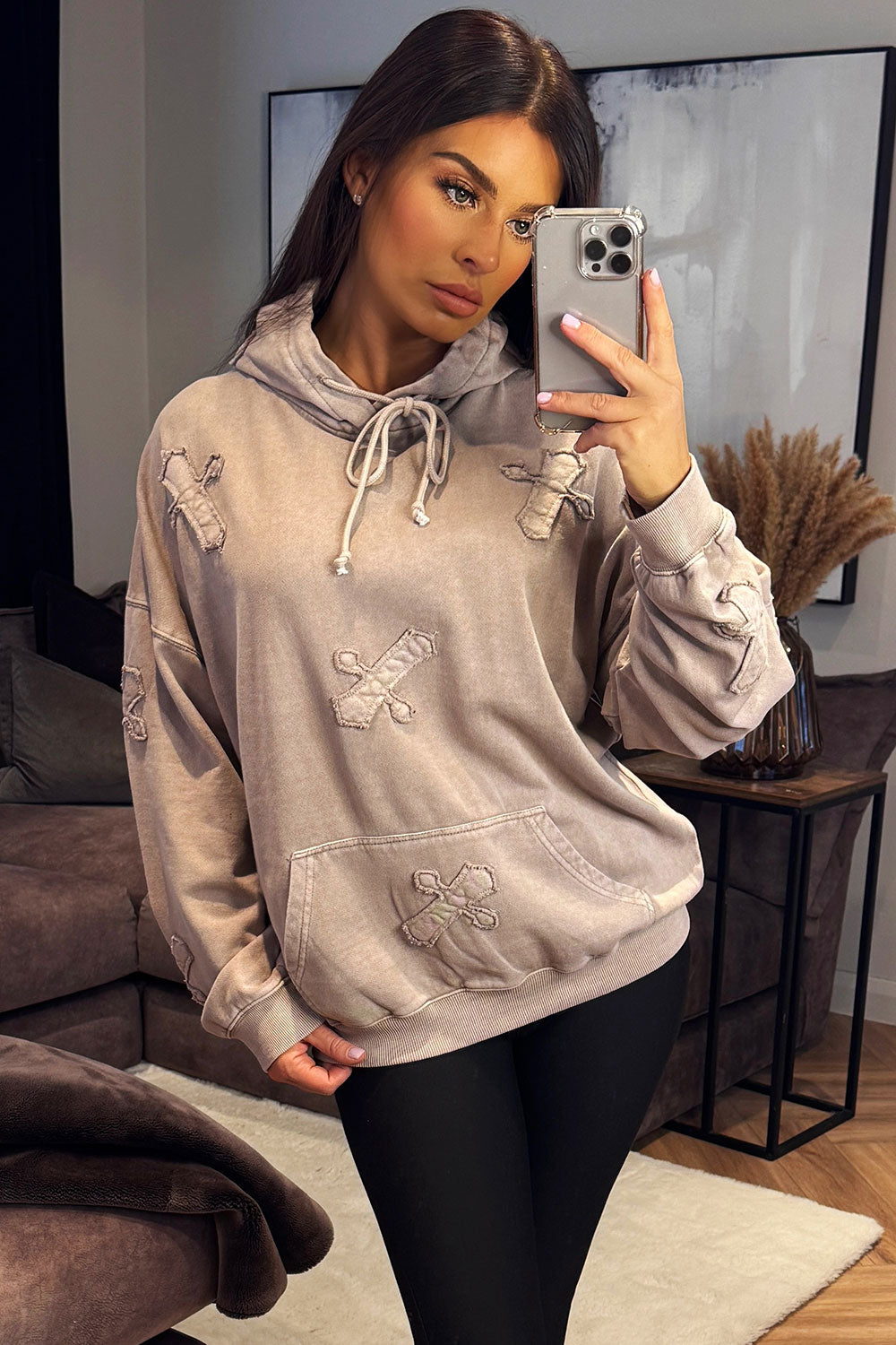 womens hooded sweatshirt with distressed crosses acid wash