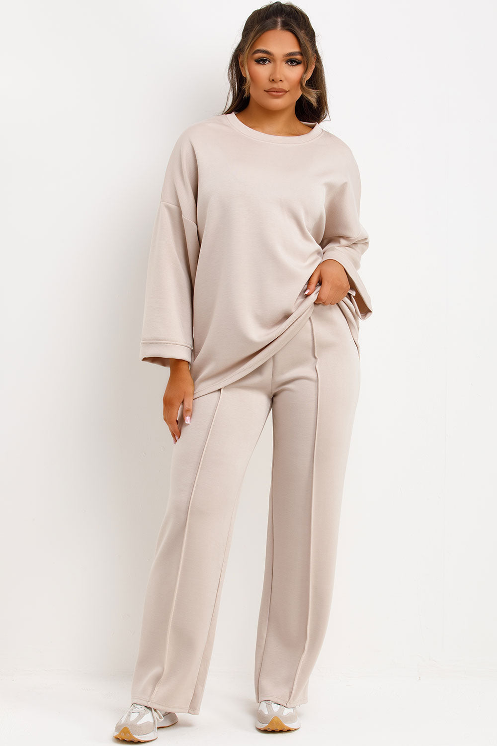 seam detail straight leg trousers and long sleeve oversized top two piece loungewear set womens