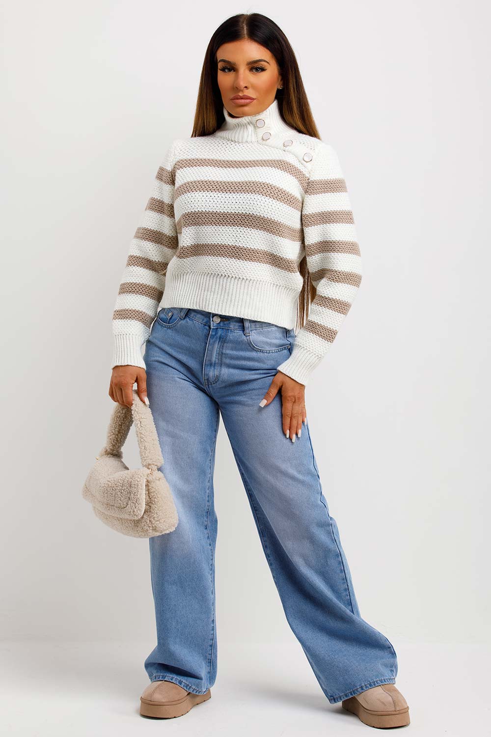 womens roll neck knitted striped dressy jumper going out christams party outfits uk