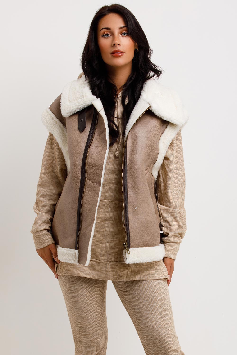 faux shearling gilet aviator sleeveless jacket faux leather