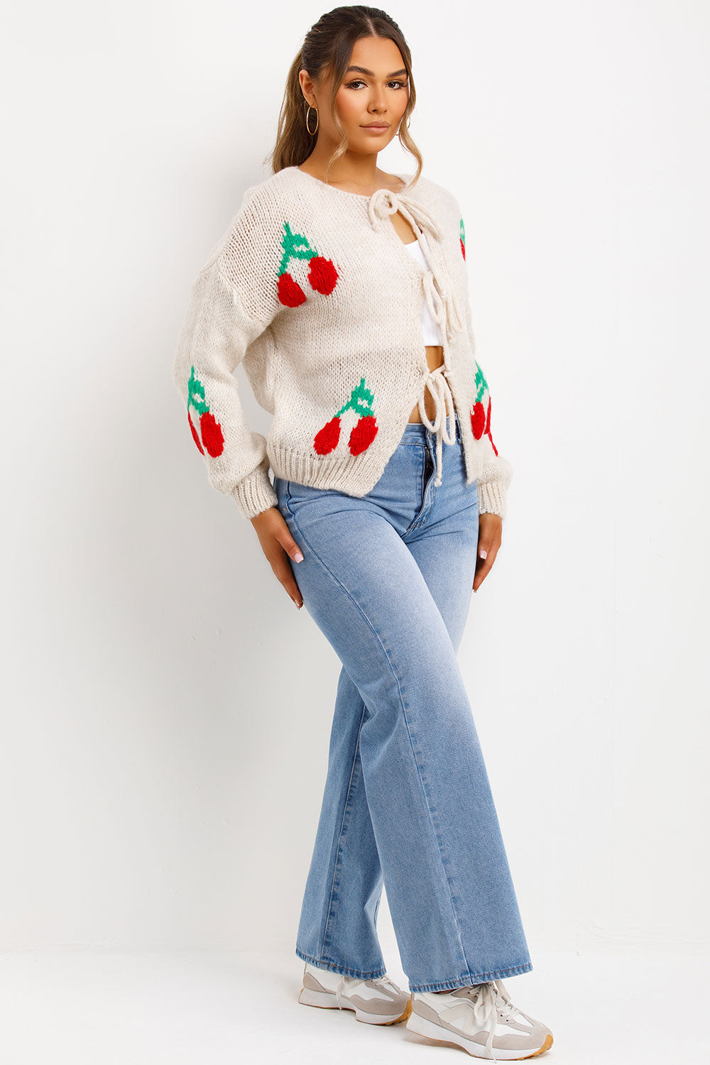 tie knot front cherry knitted cardigan womens