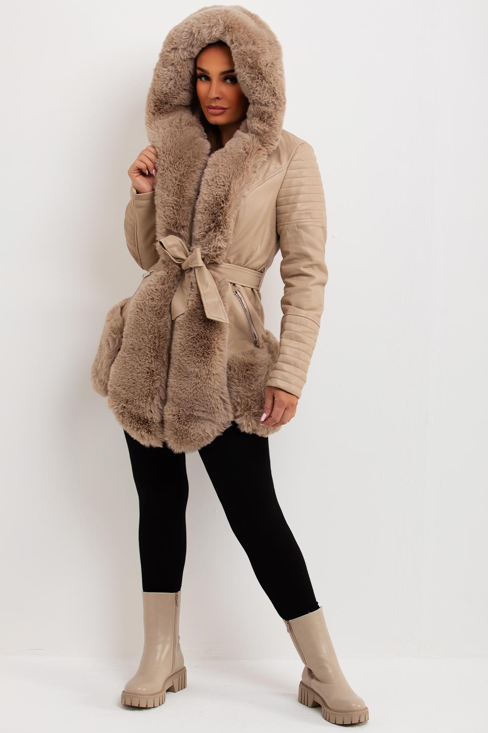 faux fur trim faux leather hooded jacket